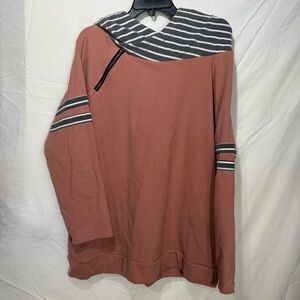 Doublju Dusty Rose Pullover, Gray & White Striped Hood & Sleeves Pockets Sz XL